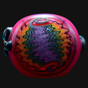 710 Pipes Smoke Shop Blossom Pinstripe Spoon in Neo-Opal/Poppy, featuring a rainbow chevron pattern and swirl accents.