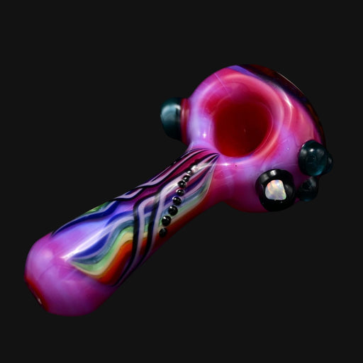 710 Pipes Smoke Shop Blossom Pinstripe Spoon in neo-opal and poppy glass with rainbow swirl accents and black bead details.