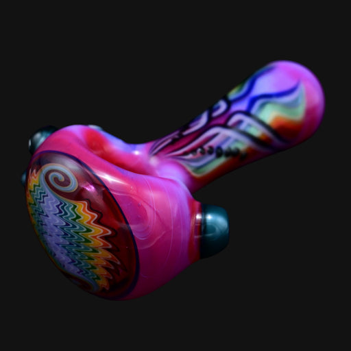 710 Pipes Smoke Shop Blossom Pinstripe Spoon pipe in neo-opal and poppy pink with rainbow swirl design.