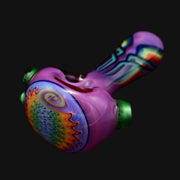 710 Pipes Smoke Shop Blossom Pinstripe Spoon, a purple glass pipe with a rainbow swirl design and green accents.