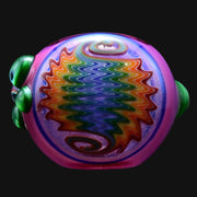 710 Pipes Smoke Shop Blossom Pinstripe Spoon with rainbow swirl design and green accents. Glass pipe.