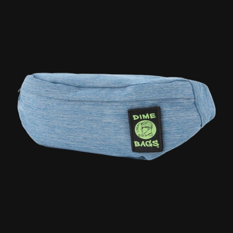 710 Pipes Smoke Shop blue Dime Bags Puff Pack fanny pack with a green logo patch on a black background