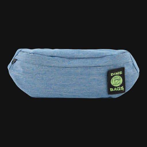710 Pipes Smoke Shop blue Dime Bags Puff Pack fanny pack with a black velcro label on a dark background