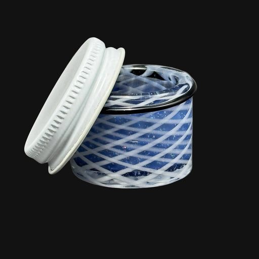710 Pipes Smoke Shop blue glass jar with white lattice design and white lid. Perfect for dabbing.