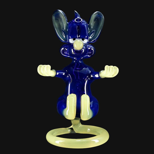 710 Pipes Smoke Shop blue glass mouse figurine with yellow accents, 8" tall, 14mm joint, meditating pose.