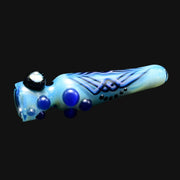 710 Pipes Smoke Shop blue glass pipe with black pinstripe design and raised blue glass dots.