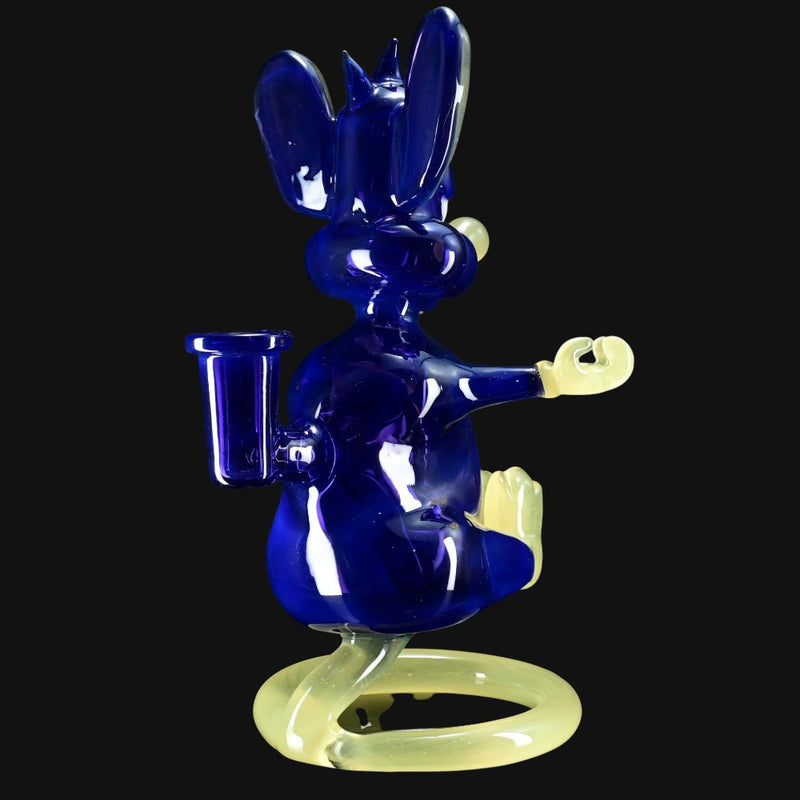710 Pipes Smoke Shop blue glass mouse rig with yellow accents, 8" tall, 14mm joint, meditating pose.