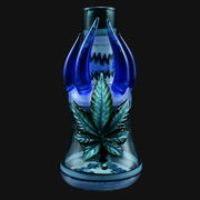 710 Pipes Smoke Shop blue glass rig with a green cannabis leaf accent and blue glass spikes.