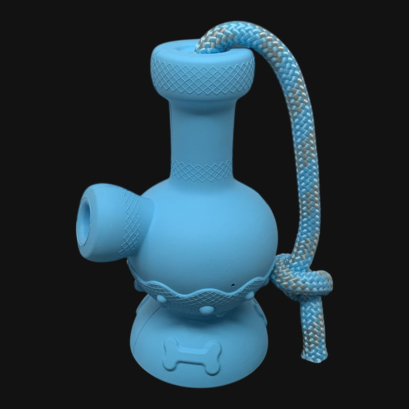 710 Pipes Smoke Shop blue natural rubber Puff Palz Tug & Toke dog toy with textured nubs and a durable rope handle.