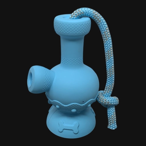 710 Pipes Smoke Shop blue natural rubber Puff Palz Tug & Toke dog toy with textured nubs and a durable rope handle.