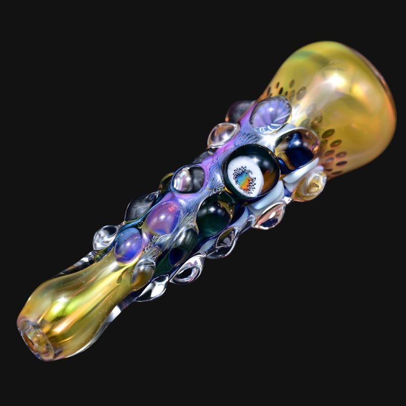 710 Pipes Smoke Shop Matty White glass one hitter pipe with bumpy texture, iridescent finish, and Fuck Cancer millie.