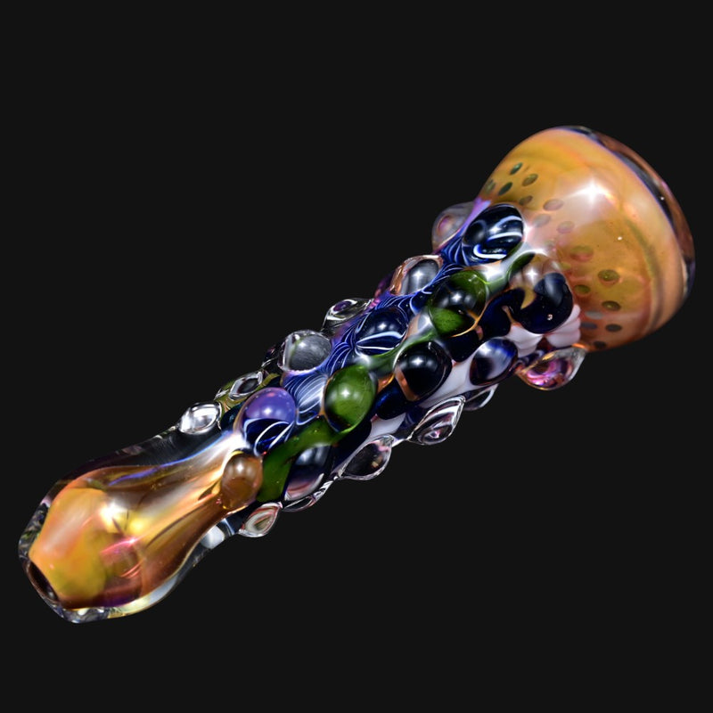 710 Pipes Smoke Shop Matty White ISO bumpy one hitter glass pipe with iridescent, blue, and green textured accents.