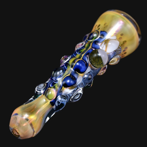 710 Pipes Smoke Shop Matty White glass one hitter pipe with blue accents, bumpy texture, and mandala millie details.