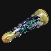 Matty White glass one hitter pipe with bumpy textured green and blue dichroic glass accents