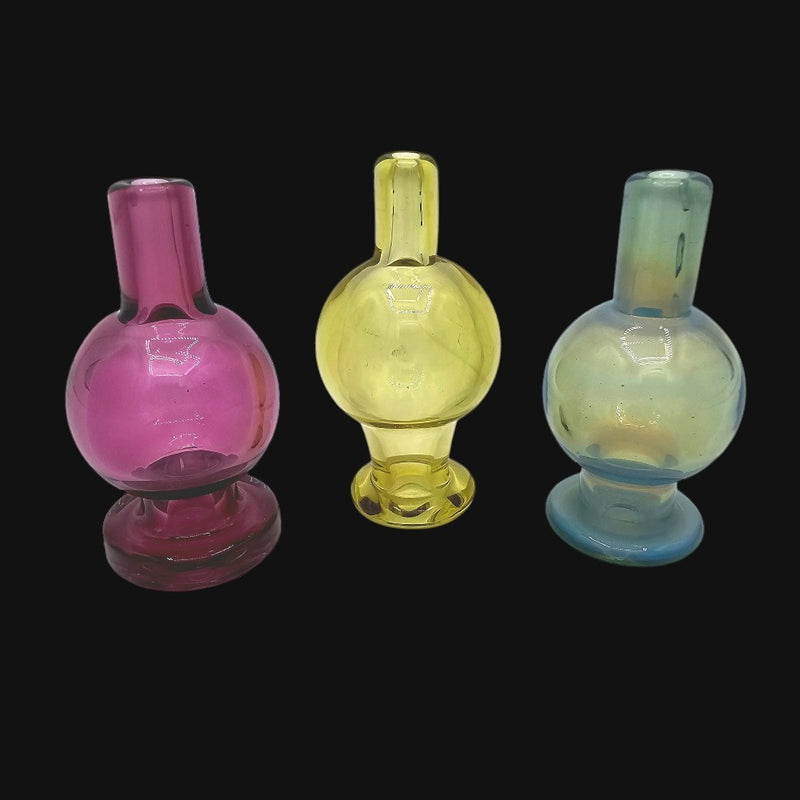 710 Pipes Smoke Shop Cajun Glass bubble caps in translucent pink, yellow, and iridescent blue glass