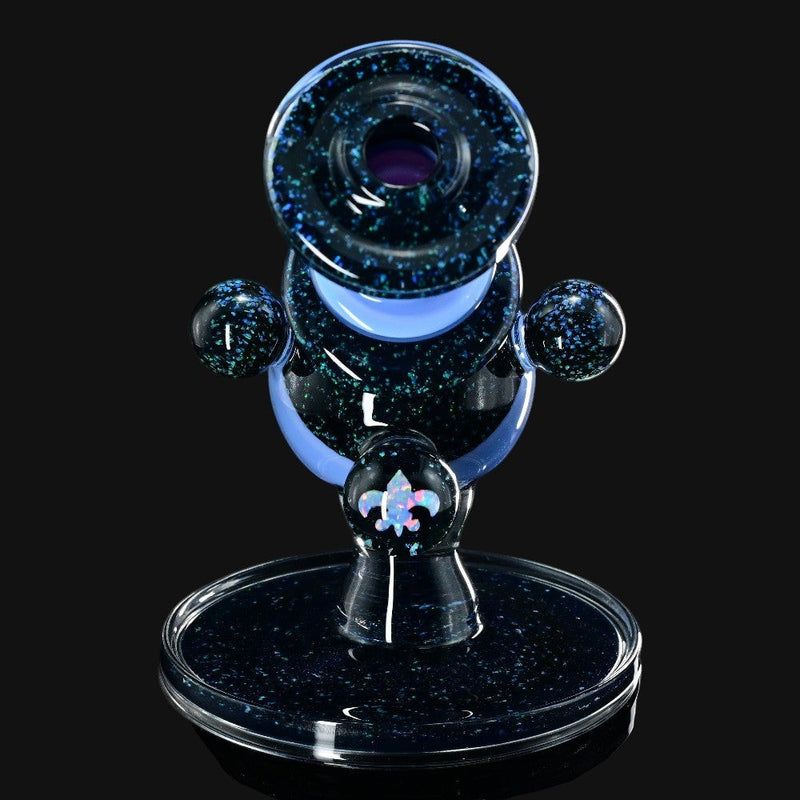 710 Pipes Smoke Shop Cajun Glass X Marni420 Heliosphere dab rig with blue satin opal accents and a fleur-de-lis design.