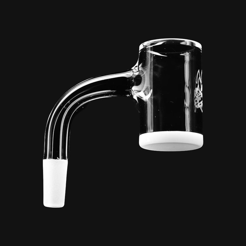 Campfire Quartz opaque bottom flat top banger by 710 Pipes Smoke Shop with a clear glass bucket and white base.