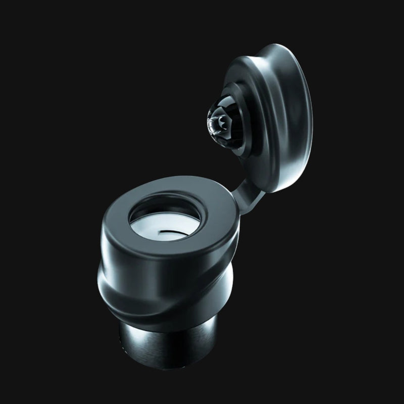 710 Pipes Smoke Shop Carta 2 oil atomizer with quartz-coated ceramic bucket and tethered carb cap on black background