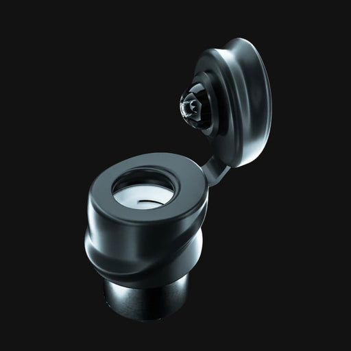 710 Pipes Smoke Shop Carta 2 oil atomizer with quartz-coated ceramic bucket and tethered carb cap on black background