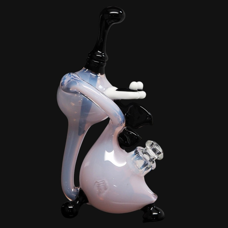 710 Pipes Smoke Shop pearlescent white glass water pipe with black accents, shaped like a cartoon character.