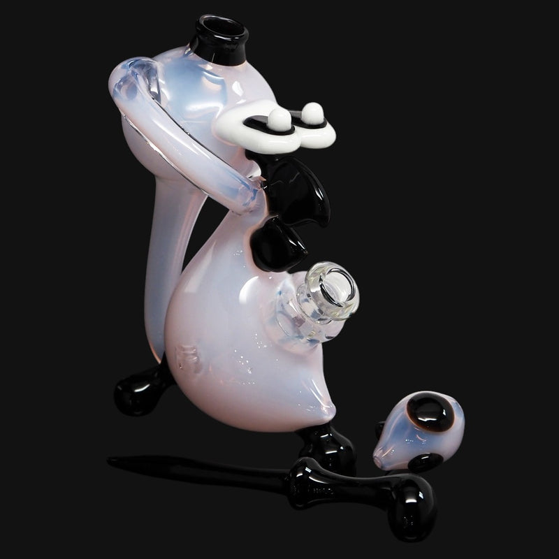 710 Pipes Smoke Shop pearlescent white cartoon character glass water pipe with black accents and mouthpiece.