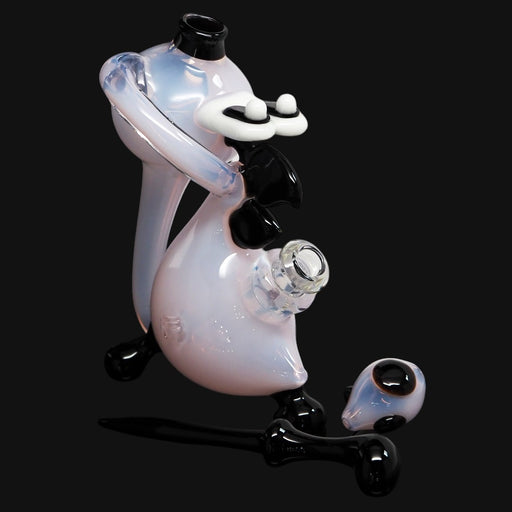 710 Pipes Smoke Shop pearlescent white cartoon character glass water pipe with black accents and mouthpiece.