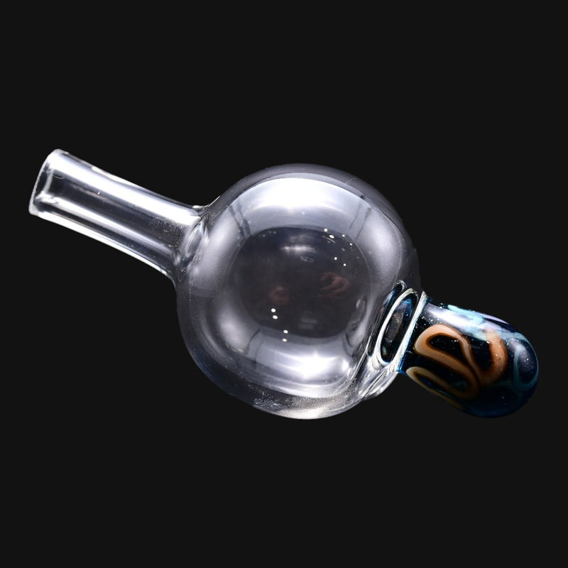 710 Pipes Smoke Shop Charisma Bubble Cap in Blue Stardust glass with a clear spherical body and patterned handle.