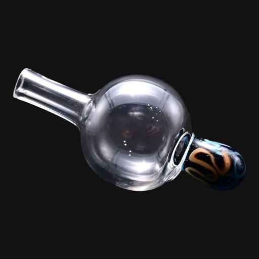 710 Pipes Smoke Shop Charisma Bubble Cap in Blue Stardust glass with a clear spherical body and patterned handle.