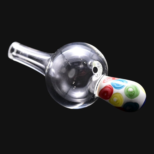 710 Pipes Smoke Shop Charisma bubble cap in clear glass with a white handle featuring colorful glass swirl accents.