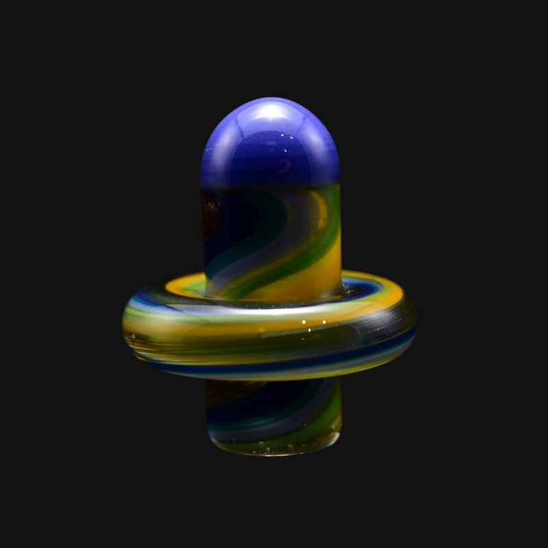 710 Pipes Smoke Shop Charisma Slurper Cap #5 featuring a blue, yellow, and green swirled glass design.