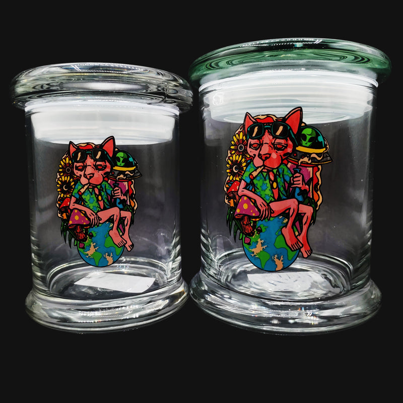 710 Pipes Smoke Shop glass stash jars with Chill Cat graphic, featuring airtight pop top lids in two sizes.