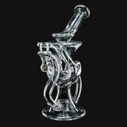 710 Pipes Smoke Shop clear glass recycler dab rig, 7 inches tall with 10mm joint and intricate swirling design.