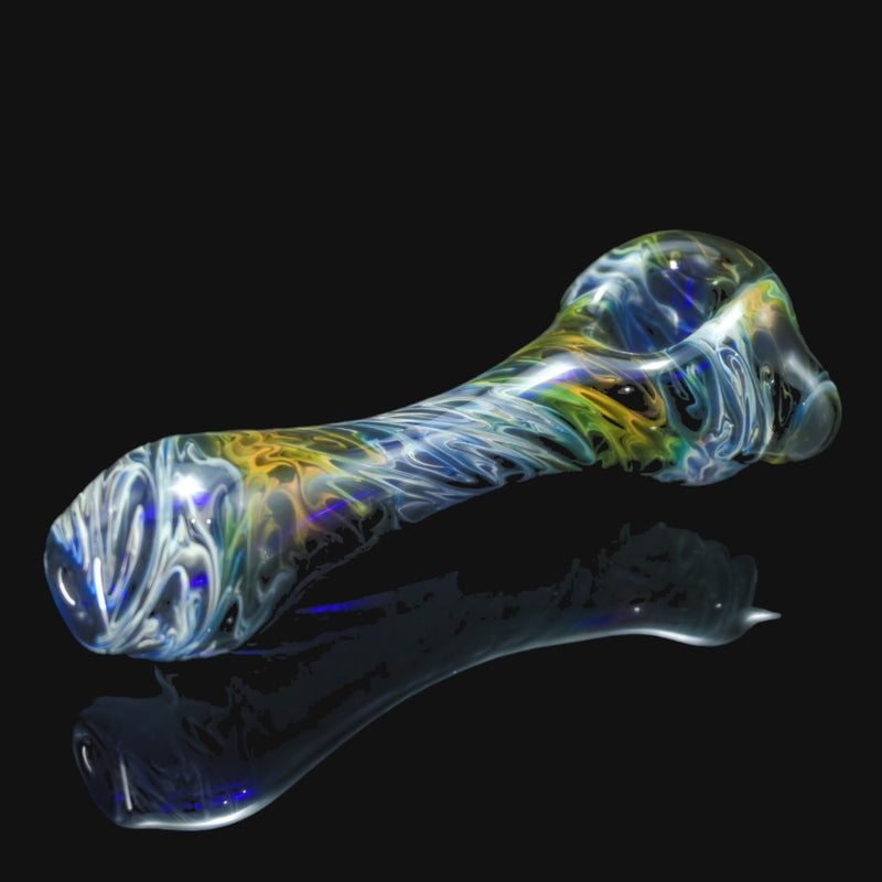 710 Pipes Smoke Shop Schutz glass spoon pipe with gold and silver fuming over cobalt blue swirled glass