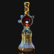 710 Pipes Smoke Shop collab rig with opals, red chamber, and colorful swirl accents. Thick glass water pipe.