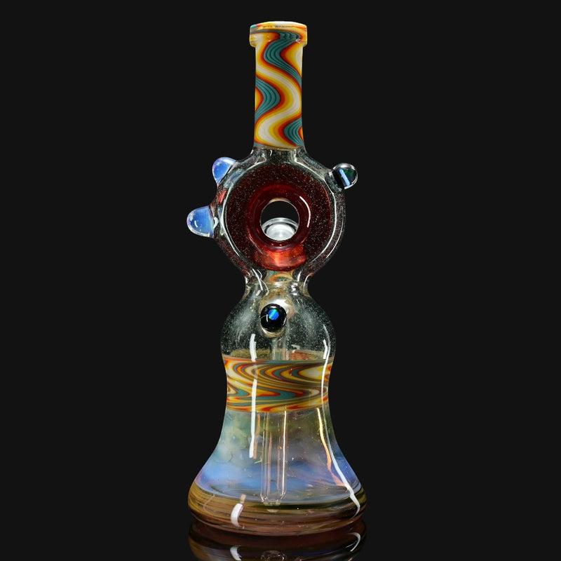 710 Pipes Smoke Shop collab rig with opals, red chamber, and colorful swirl accents. Thick glass water pipe.