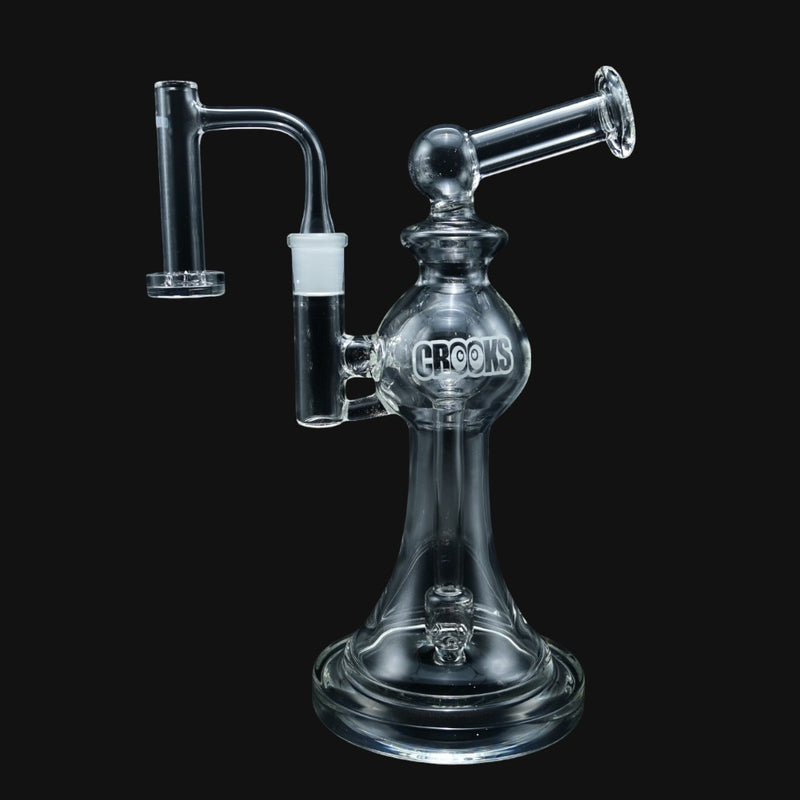 710 Pipes Smoke Shop 10-inch clear glass water pipe with a curved neck and Crooks branding on a black background.