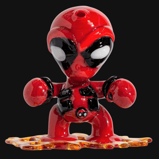 710 Pipes Smoke Shop Dani Girl Glass Deadpool dab rig. Red and black glass with white eyes. Removable swords.