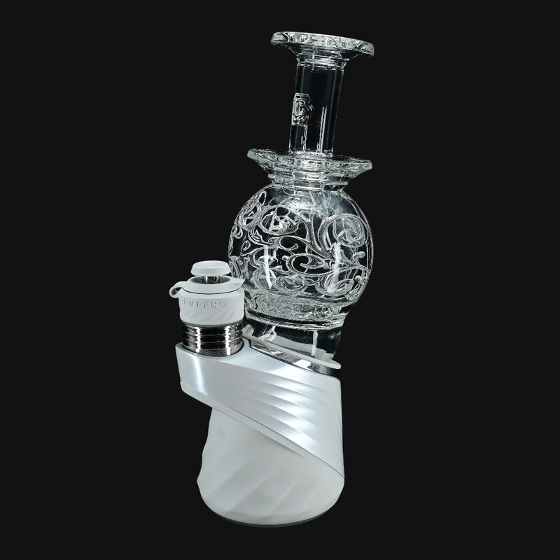 710 Pipes Smoke Shop Avant-Garde Deco Orb Fila Peak Top #2 on a white Puffco Peak with intricate glass filigree design.