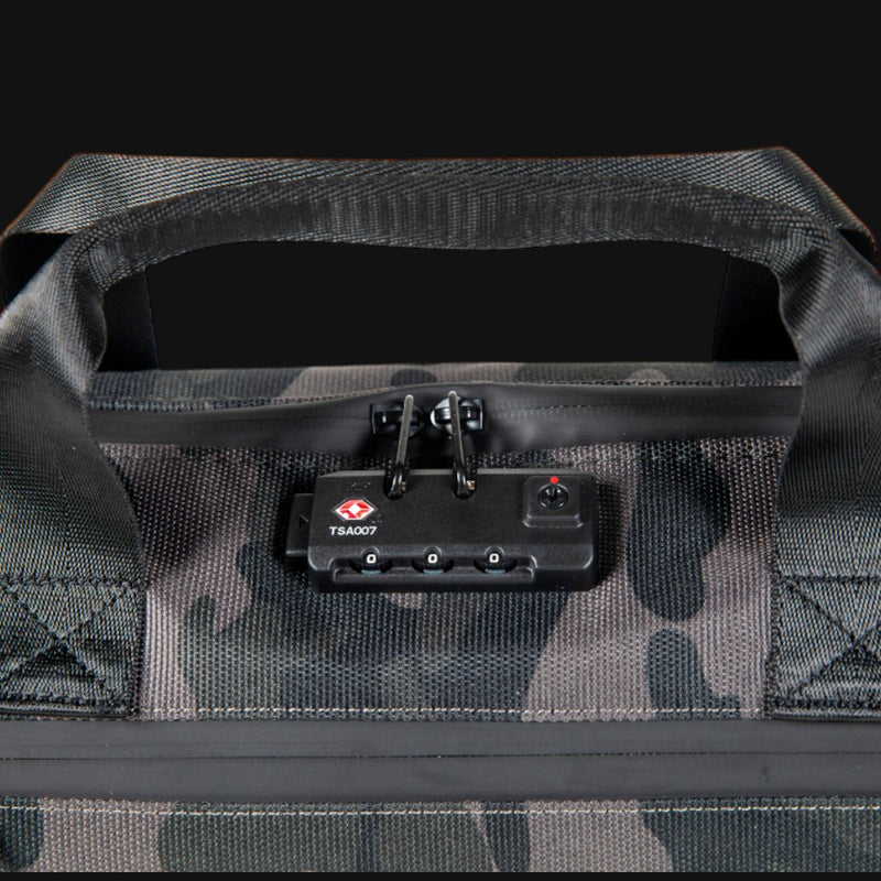 710 Pipes Smoke Shop Dime Bags Brigata smell-proof duffle in camo print featuring a secure TSA-approved lock.