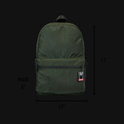 710 Pipes Smoke Shop olive green Dime Bags The Earner smell-proof commuter backpack with dimensions shown.
