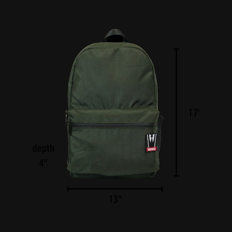 710 Pipes Smoke Shop olive green Dime Bags The Earner smell-proof commuter backpack with dimensions shown.