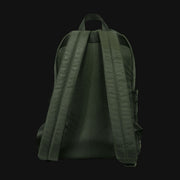 710 Pipes Smoke Shop Dime Bags The Earner olive green smell-proof commuter backpack, back view with padded straps.