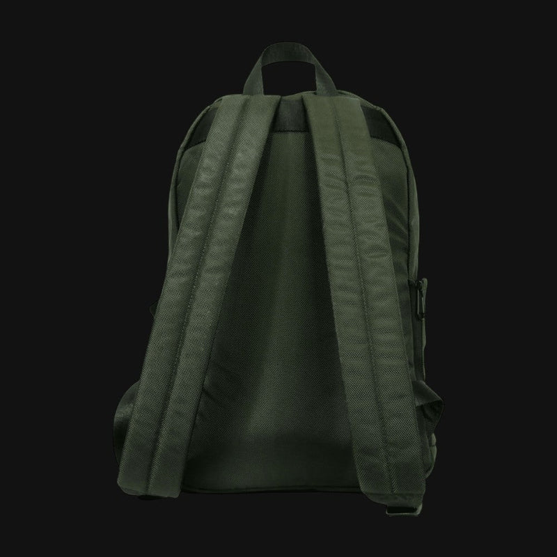 710 Pipes Smoke Shop Dime Bags The Earner olive green smell-proof commuter backpack, back view with padded straps.