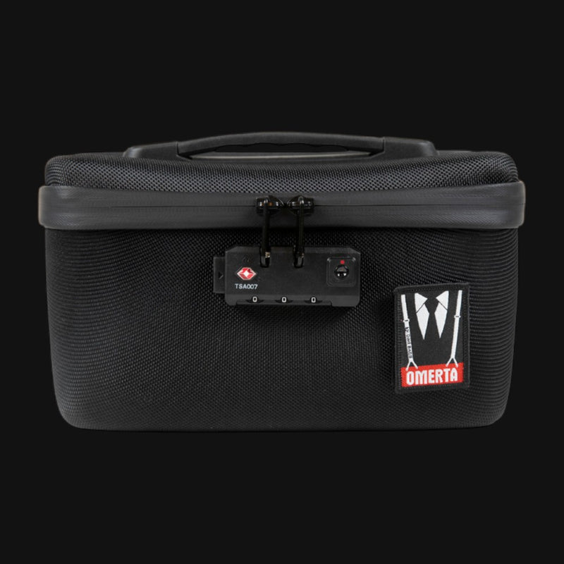710 Pipes Smoke Shop Dime Bags Omerta Soldier 10-inch black smell-proof storage case with TSA lock and carry handle.