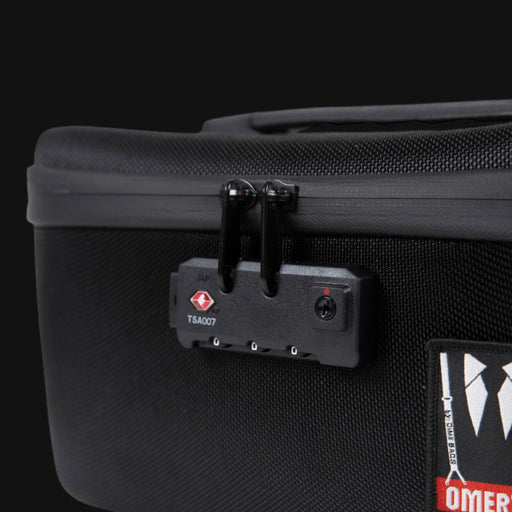 710 Pipes Smoke Shop Dime Bags Omerta Soldier smell-proof case featuring a TSA-approved combination lock on black fabric