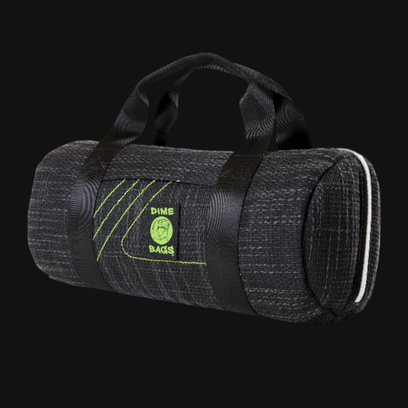 710 Pipes Smoke Shop Dime Bags 15-inch black padded duffle tube with green logo and heavy-duty zipper