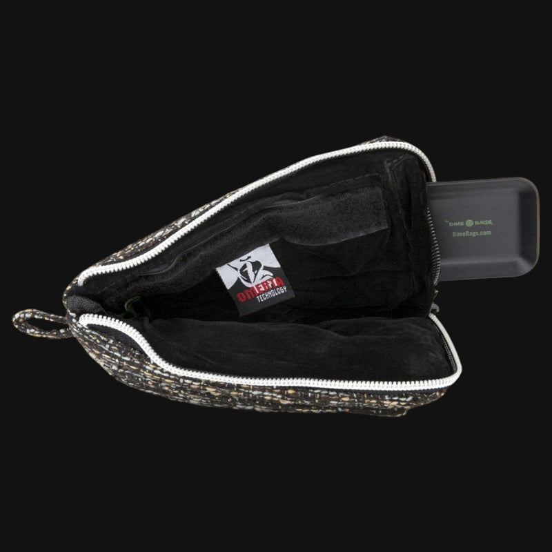 710 Pipes Smoke Shop Dime Bags 7-inch padded pouch in textured black fabric with open zipper and internal storage