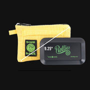 710 Pipes Smoke Shop yellow Dime Bags padded hempster pouch with a black rolling tray for size comparison