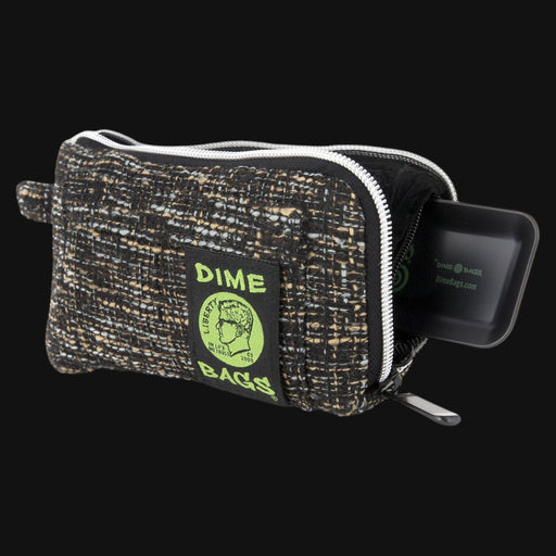 710 Pipes Smoke Shop Dime Bags 7-inch padded hempster pouch in a textured black and brown weave with a zipper opening.