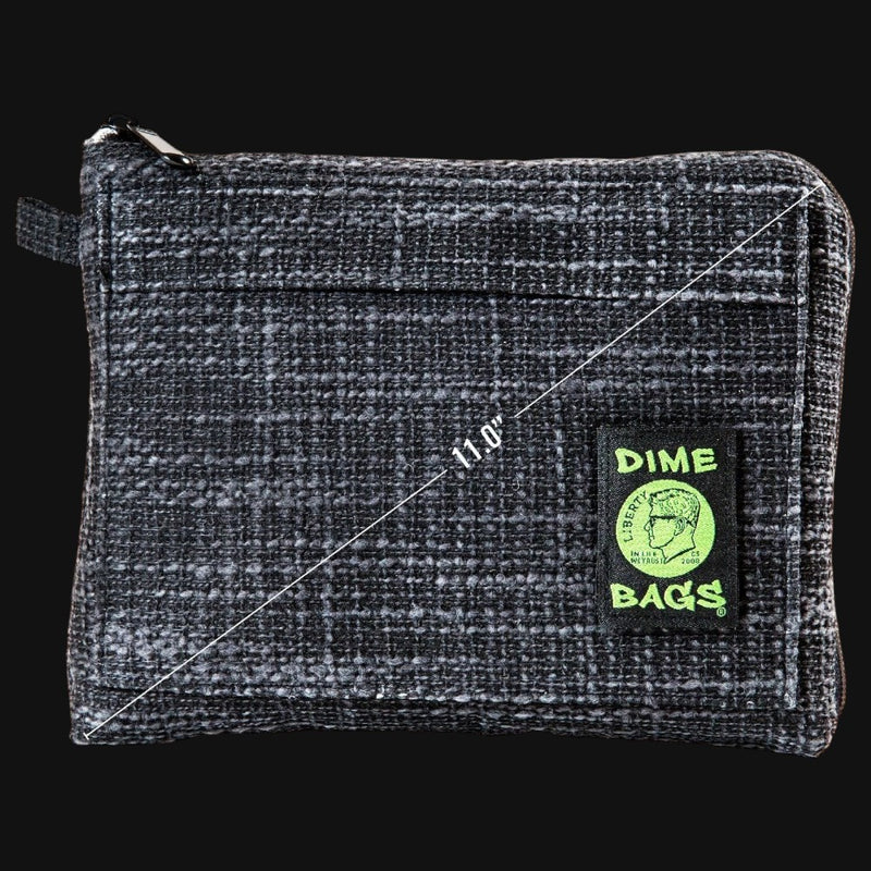 710 Pipes Smoke Shop Dime Bags 10-inch padded pouch in grey textured Hempster fabric with a green logo patch.